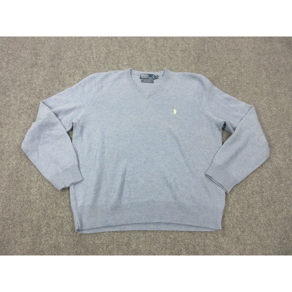 VTG Polo Ralph Lauren Sweater Mens XL Blue V Neck Lambswool Knit Pullover Logo